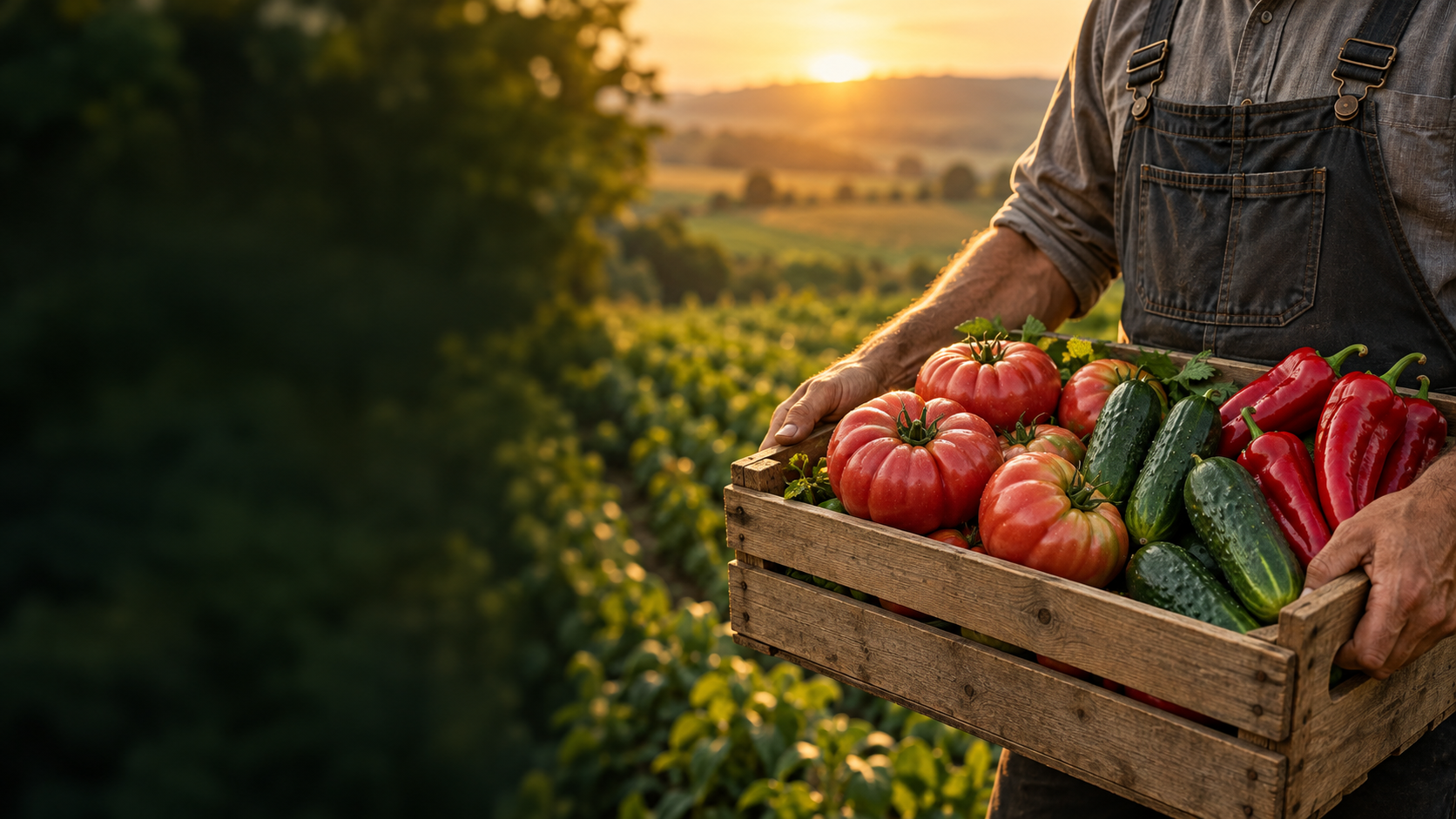 Imagine ilustrativă a unui producător cu o lădiță de legume la recoltă